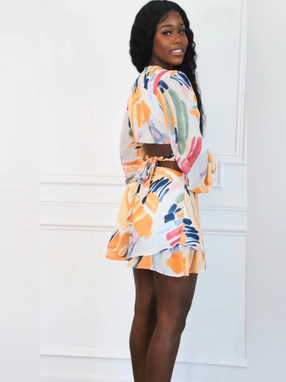 WORK OF ART ABSTRACT CUTOUT ROMPER Deep Plunge Open Back Bloomers Playsuit Small